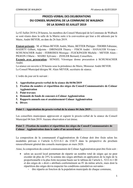 Proces-Verbal Des Deliberations Du Conseil Municipal De La Commune De Walbach De La Seance 02 Juillet 2019