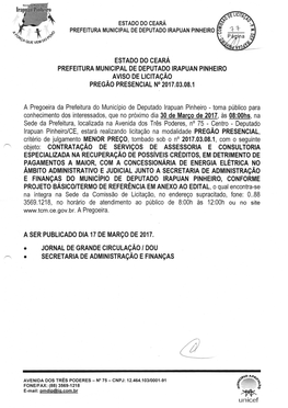 ESTADO DO CEARA PREFEITURA MUNICIPAL DE DEPUTADO IRAPUAN PINHEIRO AVISO DE Licitaça0 PREGAO PRESENCIAL No 2017.03.08.1
