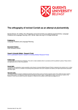 The Orthography of Revived Cornish As an Attempt at Pluricentricity