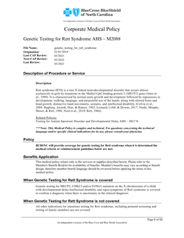 Genetic Testing for Rett Syndrome AHS – M2088