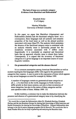 The Lack of Tense As a Syntactic Category Evidence from Blackfoot and Halkomeleml