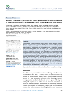 Recovery of the Ruffe (Gymnocephalus Cernua) Population After an Invasion Boom of Round Goby (Neogobius Melanostomus) in De Gijster Lake (The Netherlands)