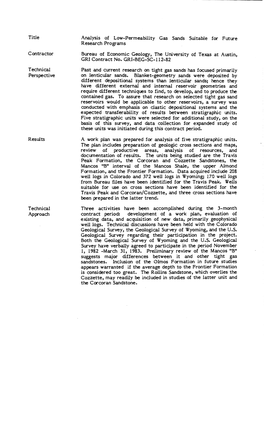 Analysis of Low-Permeability Gas Sands Suitable for Future Research Programs