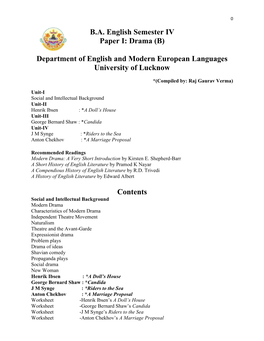 B.A. English Semester IV Paper I: Drama (B) Department of English and Modern European Languages University of Lucknow Contents