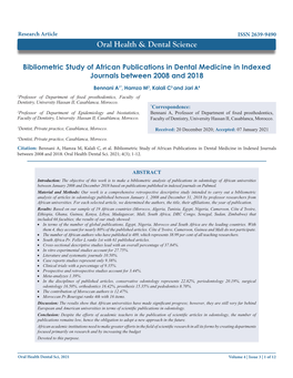 Bibliometric Study of African Publications in Dental Medicine in Indexed Journals Between 2008 and 2018