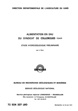 ALIMENTATION EN EAU DU SYNDICAT DE COLLORGUES (Gard) 72 SGN 207