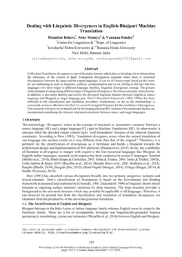 Dealing with Linguistic Divergences in English-Bhojpuri Machine Translation Pitambar Behera*, Neha Maurya1 & Vandana Pandey2 *Centre for Linguistics & 12Dept