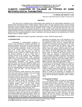 Climatic Condition of Calabar As Typified by Some Meteorological Parameters