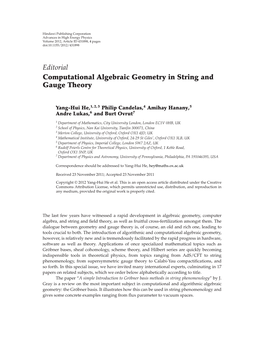 Editorial Computational Algebraic Geometry in String and Gauge Theory