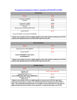 The Equipment Pricing Below Is Offered in Association with ELIN EG01 and EG03