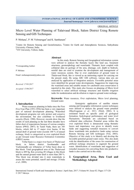 Micro Level Water Planning of Talaivasal Block, Salem District Using Remote Sensing and GIS Techniques