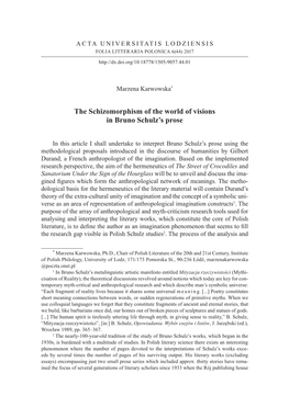 The Schizomorphism of the World of Visions in Bruno Schulz’S Prose