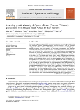 Assessing Genetic Diversity of Elymus Sibiricus (Poaceae: Triticeae) Populations from Qinghai-Tibet Plateau by ISSR Markers