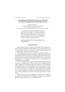 Investigation of Colorimetric Properties of Woolen Yarn Dyed with Rheum Ribes Plant Root Extract