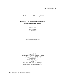 Corrosion Test Results for Inconel 600 Vs Inconel–Stainless UG Bellows