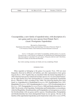 Cocceupodidae, a New Family of Eupodoid Mites, with Description of a New Genus and Two New Species from Poland