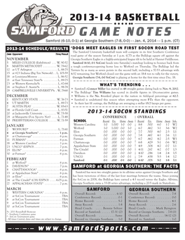 GAME NOTES Samford (6-10, 0-1) at Georgia Southern (7-8, 0-0) - - Jan
