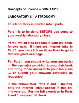 Concepts of Science – SCMH 1010 LABORATORY 8 – ASTRONOMY