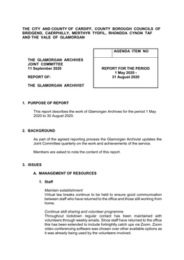 GLAMORGAN ARCHIVES JOINT COMMITTEE 11 September 2020 REPORT for the PERIOD 1 May 2020 - REPORT OF: 31 August 2020