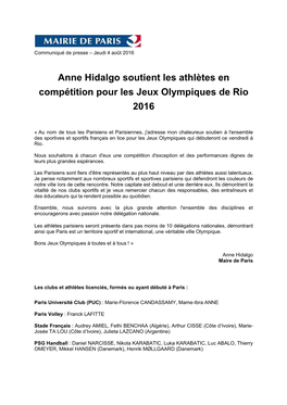 Anne Hidalgo Soutient Les Athlètes En Compétition Pour Les Jeux Olympiques De Rio 2016