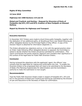 Elsted and Treyford, and Harting – Request for Diversion of Parts of Footpaths (Fp) 871, 872 and 873; Creation of New Footpath on Disused Railway