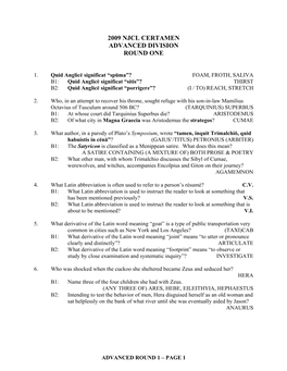 2009 Njcl Certamen Advanced Division Round One