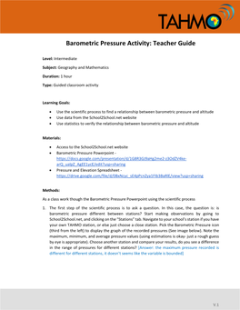 Barometric Pressure Activity: Teacher Guide