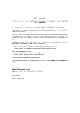 Notice of Approval of Amendment to a Planning Scheme to Be Presented to Parliament