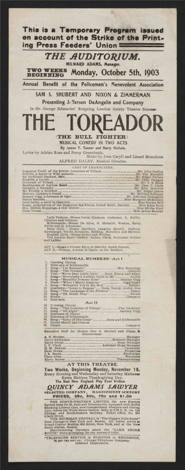 THE TOREADOR (THE BULL FIGHTER) MUSICAL COMEDY in TWO ACTS by James T