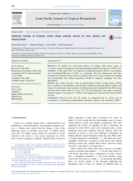 Selective Toxicity of Caspian Cobra (Naja Oxiana) Venom on Liver Cancer Cell Mitochondria