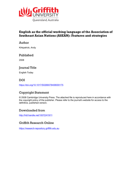 English As the Official Working Language of the Association of Southeast Asian Nations (ASEAN): Features and Strategies