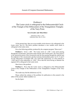 Sava Grozdev and Deko Dekov, the Lester Circle Is Orthogonal to The