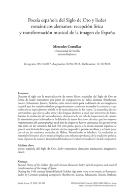 Poesía Española Del Siglo De Oro Y Lieder Románticos Alemanes: Recepción Lírica Y Transformación Musical De La Imagen De España