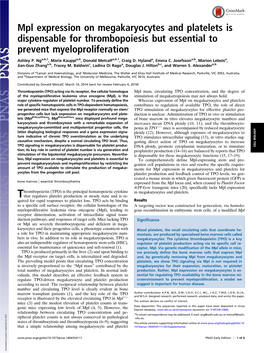 Mpl Expression on Megakaryocytes and Platelets Is Dispensable for Thrombopoiesis but Essential to Prevent Myeloproliferation