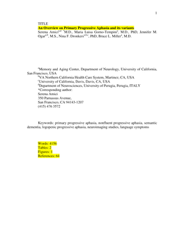 An Overview on Primary Progressive Aphasia and Its Variants