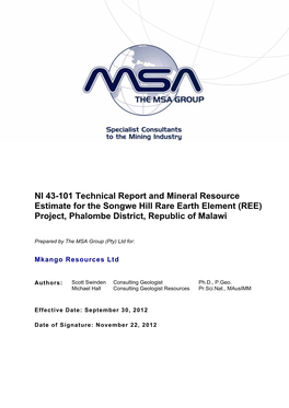 NI 43-101 Songwe REE Deposit
