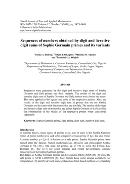 Sequences of Numbers Obtained by Digit and Iterative Digit Sums of Sophie Germain Primes and Its Variants