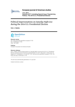 European Journal of American Studies, 12-2 | 2017 Political Impersonations on Saturday Night Live During the 2016 U.S