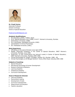 Dr. Preeti Verma Associate Professor Director Incharge Centre of Special Education