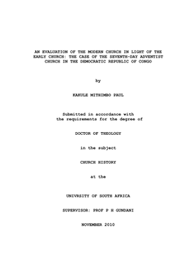 An Evaluation of the Modern Church in Light of the Early Church: the Case of the Seventh-Day Adventist Church in the Democratic Republic of Congo