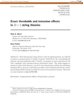 Exact Thresholds and Instanton Effects in D = 3 String Theories