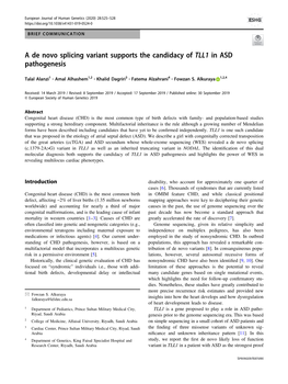 A De Novo Splicing Variant Supports the Candidacy of TLL1 in ASD Pathogenesis