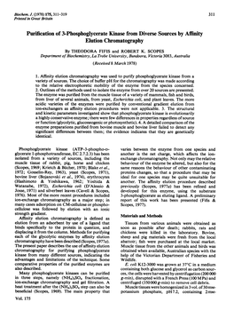 Purification of 3-Phosphoglycerate Kinase from Diverse Sources by Affinity Elution Chromatography by THEODORA FIFIS and ROBERT K