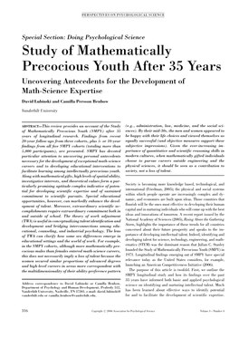 Study of Mathematically Precocious Youth After 35 Years Uncovering Antecedents for the Development of Math-Science Expertise David Lubinski and Camilla Persson Benbow