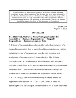 SUMMARY August 5, 2021 2021COA105 No. 20CA0668, Walker V. Women's Professional Rodeo Association