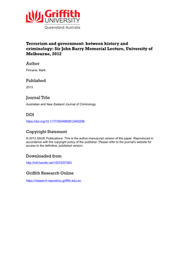 This Paper Has Been Published in Its Final Form As Mark Finnane, 'Terrorism and Government: Between History and Criminology (