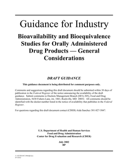 Guidance for Industry: Bioavailability and Bioequivalence Studies For