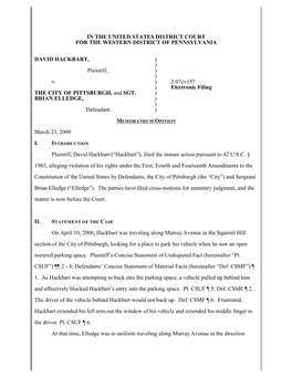 IN the UNITED STATES DISTRICT COURT for the WESTERN DISTRICT of PENNSYLVANIA DAVID HACKBART, ) ) Plaintiff, ) ) V. ) 2:07Cv1