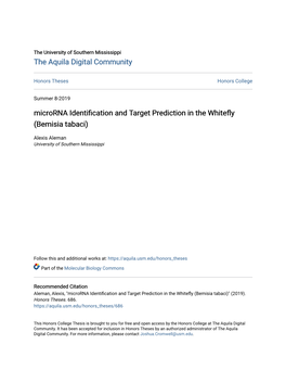 Microrna Identification and Target Prediction in the Whitefly (Bemisia Tabaci)