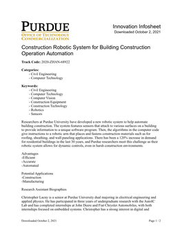 Innovation Infosheet Construction Robotic System for Building